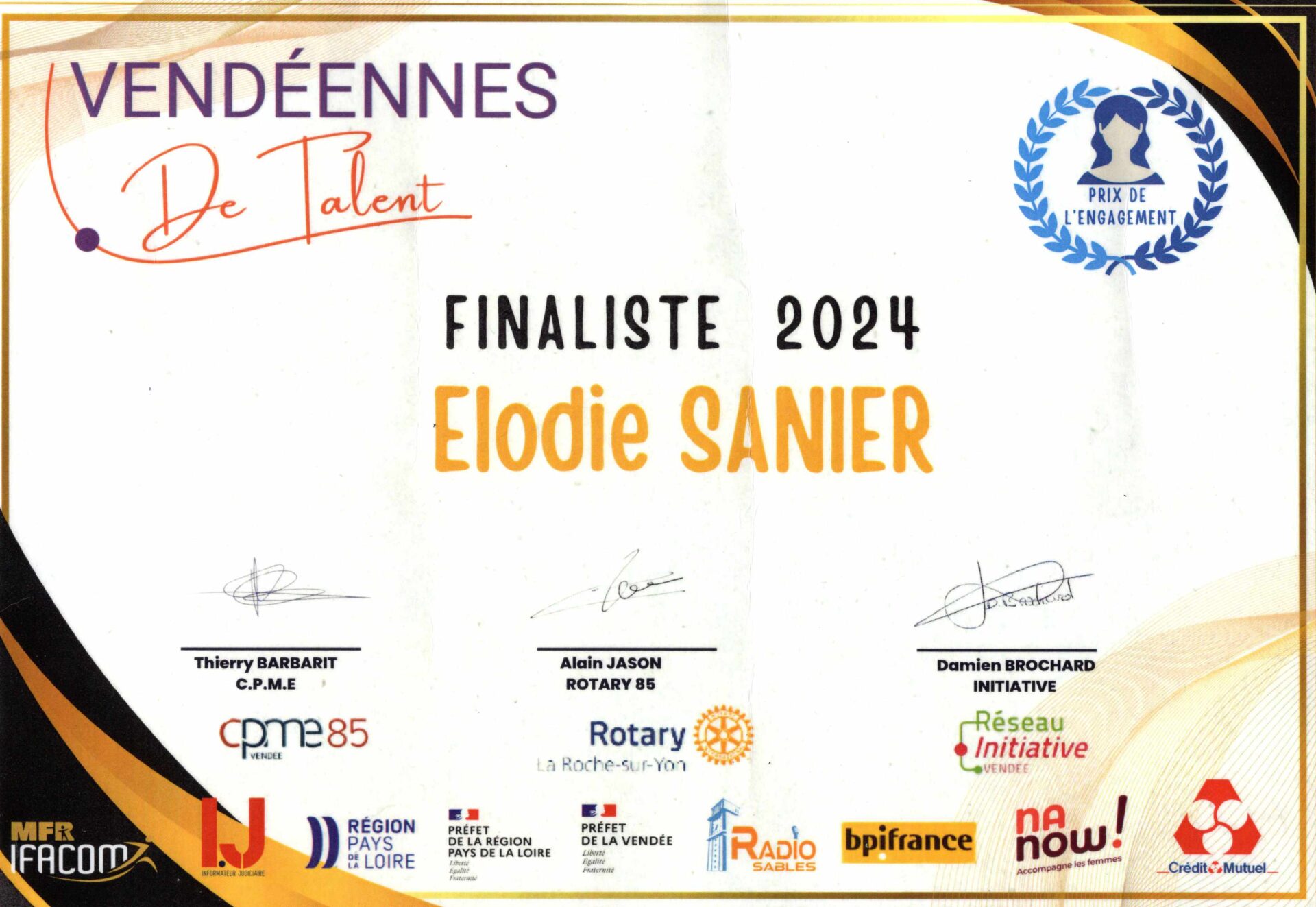 Diplôme Élodie Sanier, finaliste Vendéennes de Talent 2024, prix de l’engagement